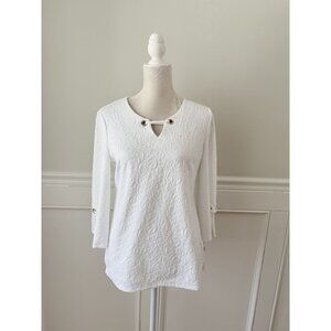 JM Collection White Textured Popover Top With Grommet Details Long Sleeves Size